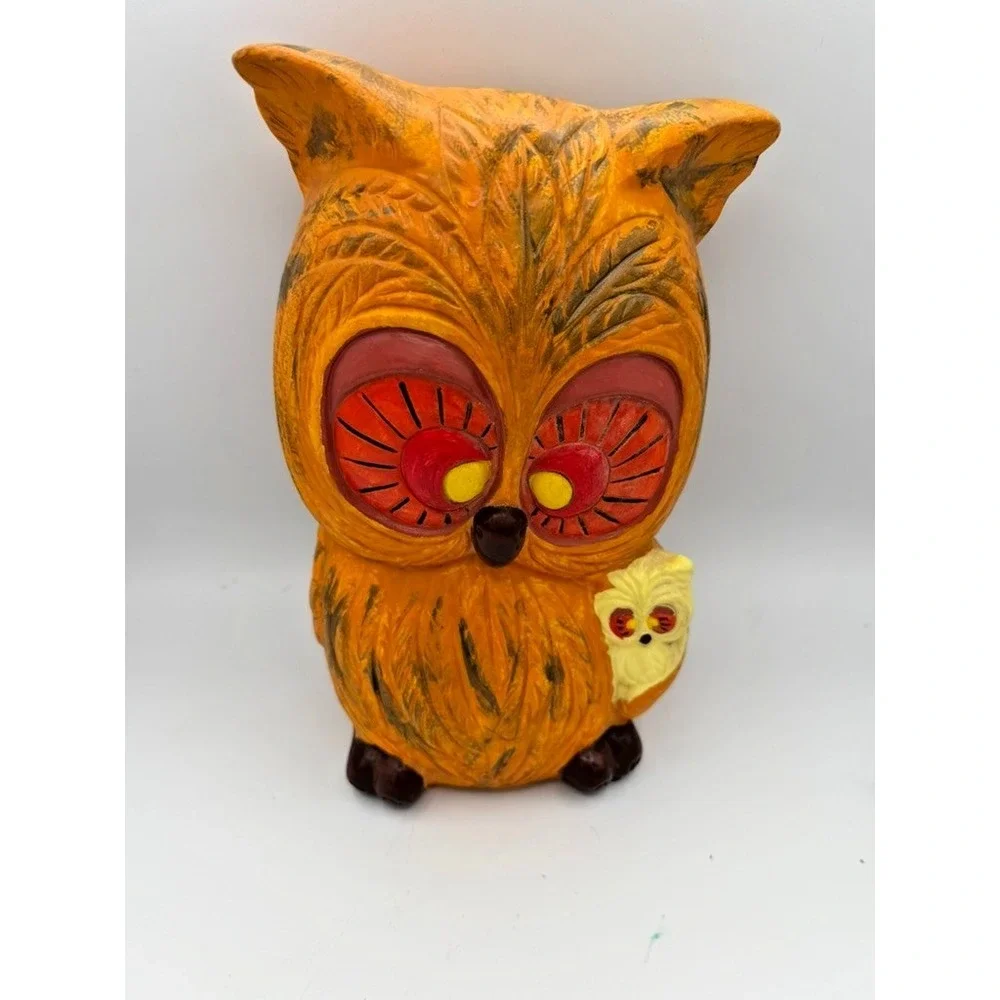 Vintage 1974 Large Owl With Baby Figurine Signed RZ Hand Painted Folk Art 10